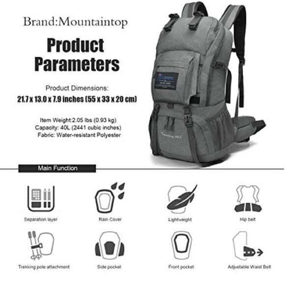 MOUNTAINTOP Silver Grey Hiking Camping Travel Outdoors Backpack Bag Pack Pockets - Picture 3 of 14